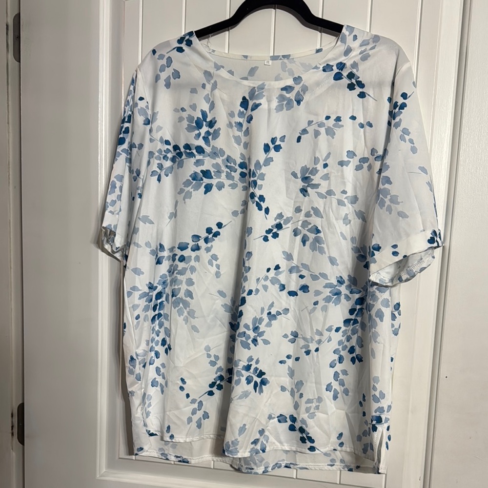 White and Blue Leaf Print Top